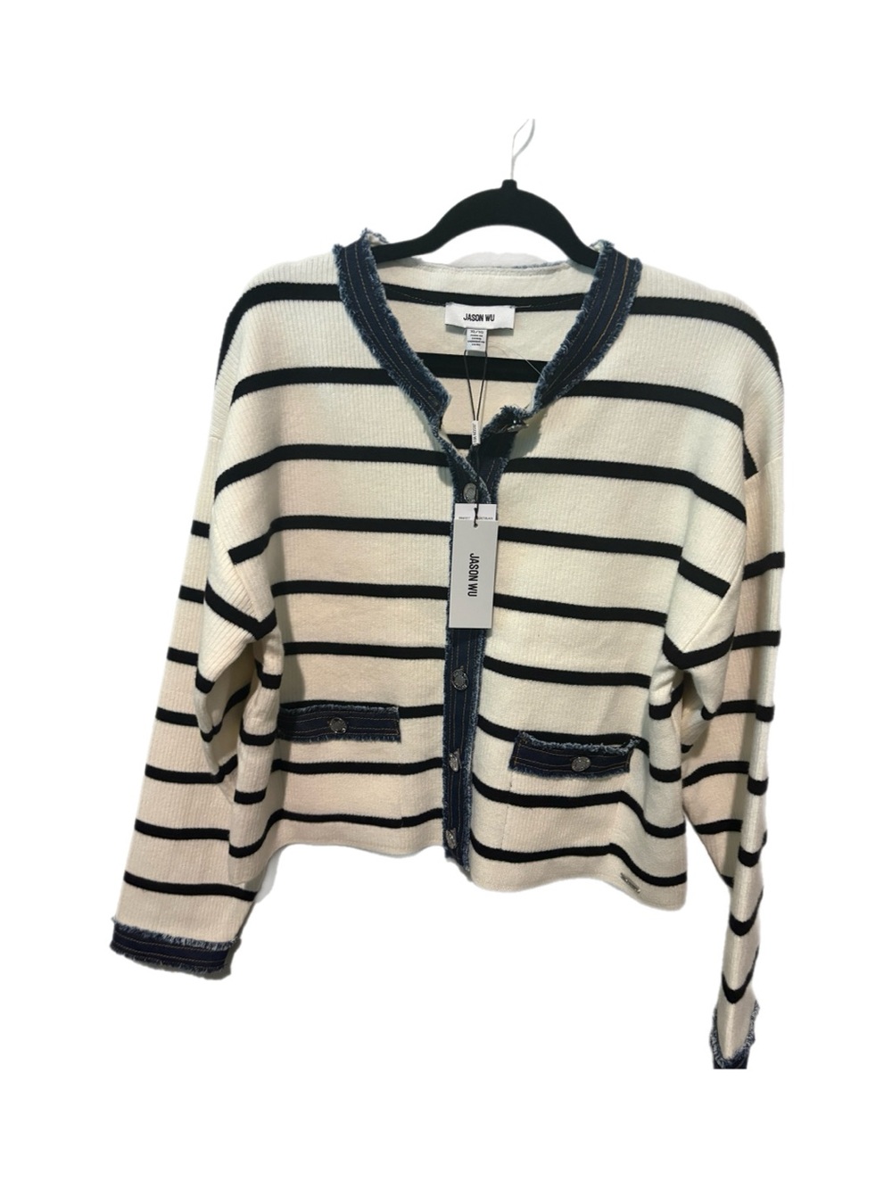 Jason Wu Cream and Black Striped Knit Cardigan with Denim Trim
